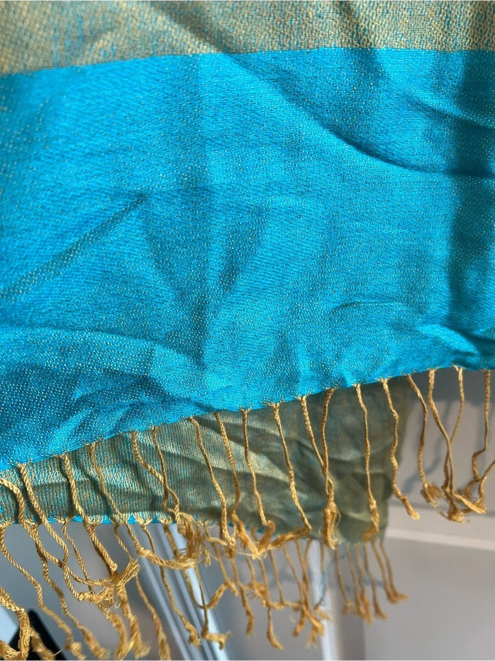 pashmina Teal and Gold Paisley Draped Shawl with Fringe